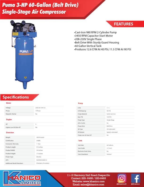Macadam grind Onafhankelijk PUMA 3-HP 60 GALLON SINGLE STAGE AIR COMPRESSOR (PK6060V) - Khanico Limited