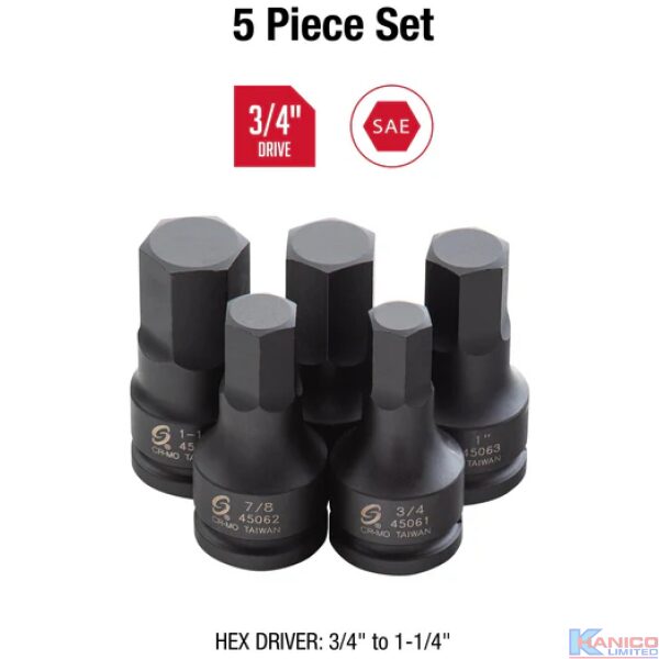 SUNEX 3/4" DRIVE 5PC HEX IMPACT BIT SOCKET SET (SUN4506) - Image 2