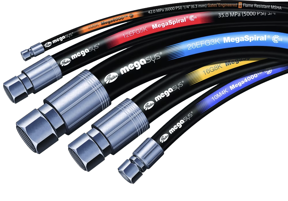 Assortment of Gates MegaSys hydraulic hose with crimped fittings