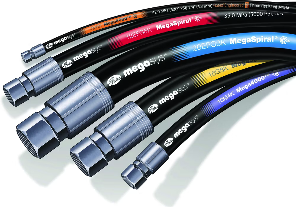 Assortment of Gates MegaSys hydraulic hose with crimped fittings